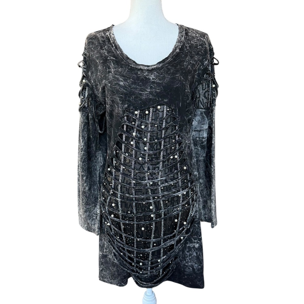 Signet Gothic Acid Wash Pearl Embellished Cage Cutout Tunic Dress Black Grey L
